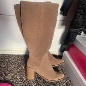 Suede below the knee heeled riding boot